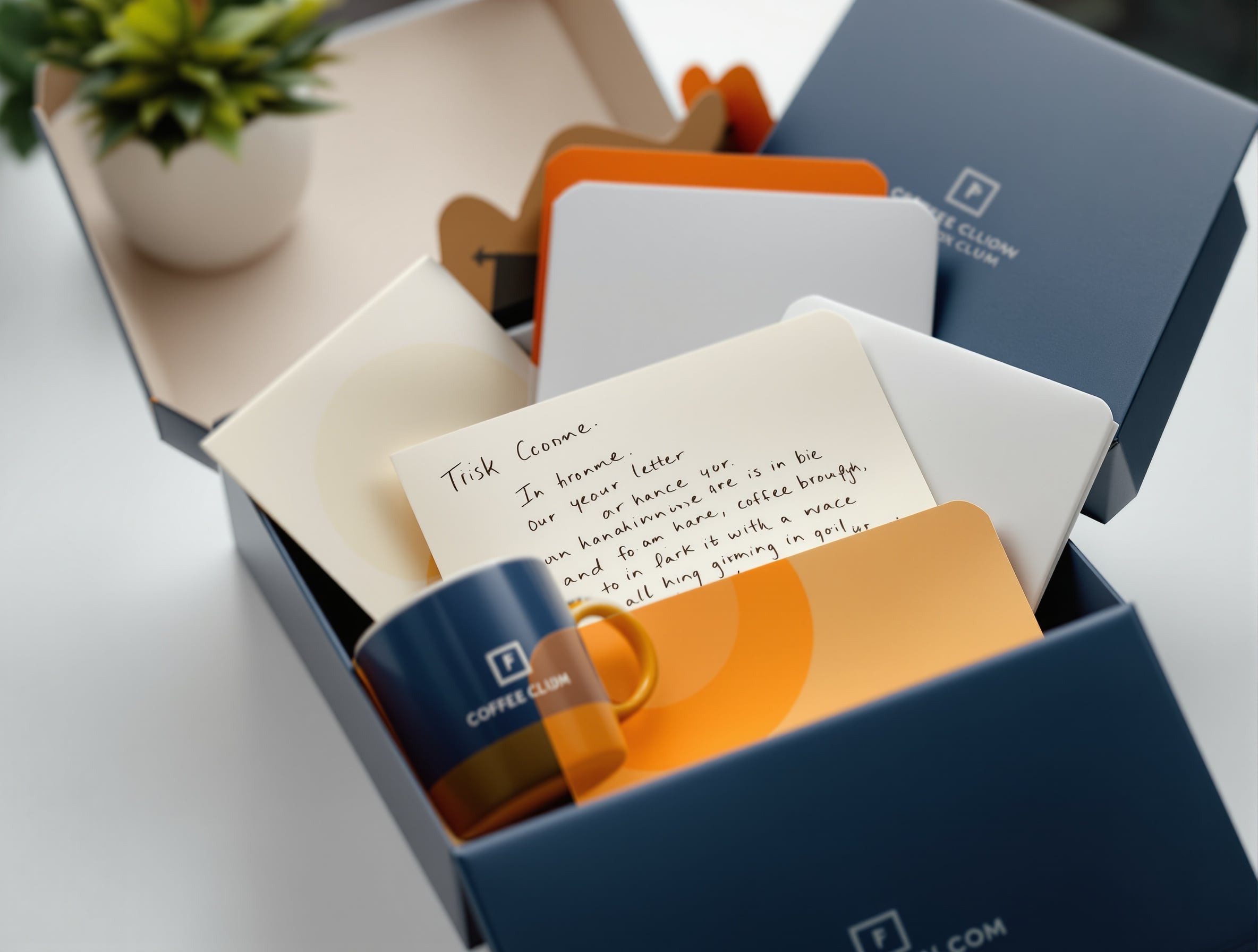 Premium branded unboxing experience with custom-printed box, personalized letter, branded mug, and sales brochure